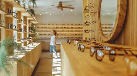 Vue intérieure d'un magasin d'optique avec des étagères en bois exhibant des lunettes. Au premier plan, plusieurs paires de lunettes sont mises en valeur sur une table en bois, et à l'arrière-plan, un enfant marche devant des étagères avec des lunettes. Un grand miroir rond est accroché sur le mur