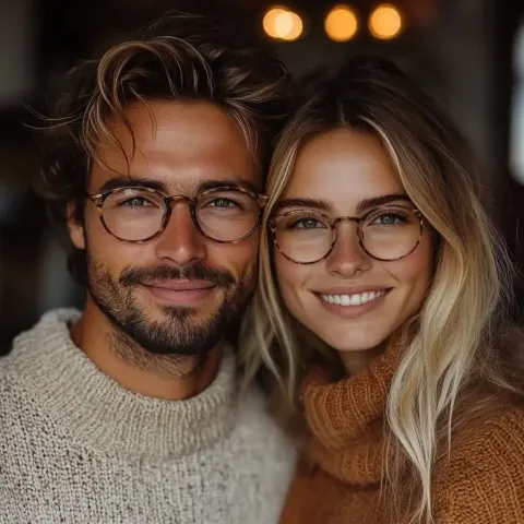 Couple souriant portant des lunettes de vue à monture écaille, dans une ambiance chaleureuse illustrant le style naturel et raffiné de Regards Uniques