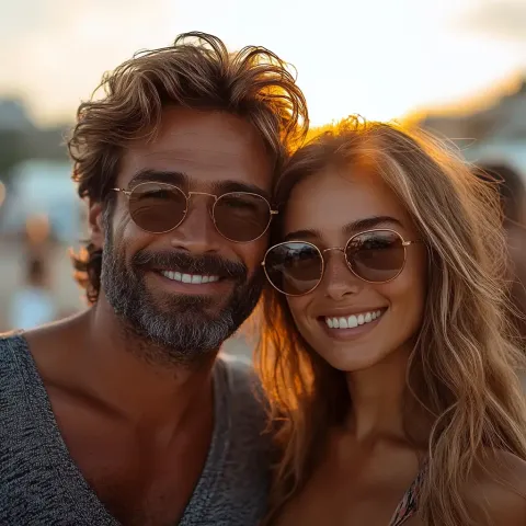 Couple souriant portant des lunettes de soleil élégantes au coucher du soleil, illustrant le style estival haut de gamme proposé par Regards Uniques