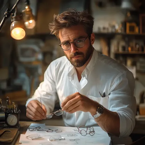 Artisan lunetier barbu en blouse blanche, travaillant dans son atelier sur des montures de lunettes faites main, ambiance vintage et éclairage chaud