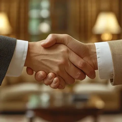 Deux personnes se serrent la main dans un environnement professionnel et chaleureux. Les mains sont habillées de chemises bien coupées, symbolisant une entente ou un accord.