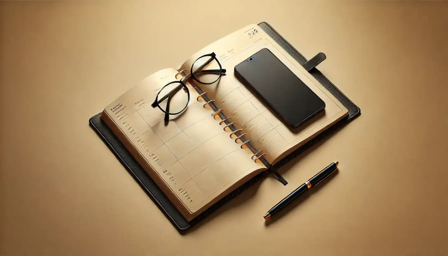 Agenda ouvert accompagné d'un smartphone et d'une paire de lunettes