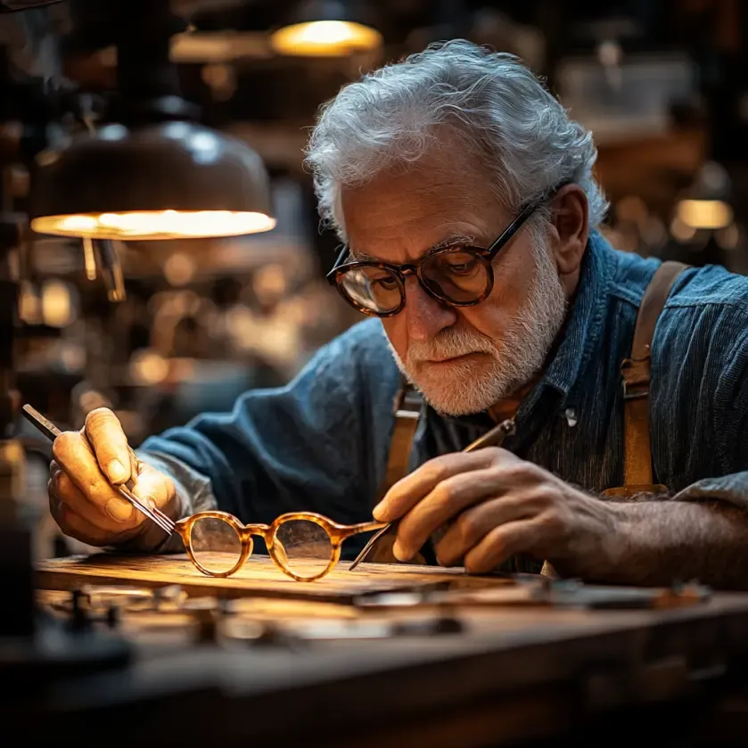 Opticien expérimenté ajustant minutieusement une monture de lunettes dans son atelier, éclairé par une lumière chaude.