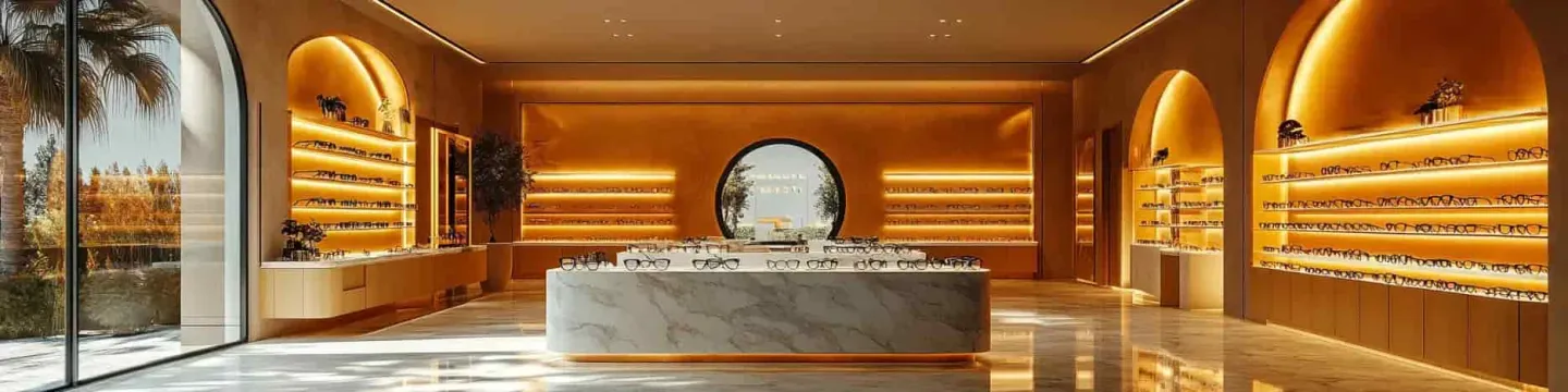 Intérieur moderne d'un magasin d'optique avec des étagères élégantes et des lunettes exposées sous une lumière douce et chaleureuse. Le décor est minimaliste avec des murs aux tons dorés et un mobilier en marbre, offrant une atmosphère accueillante et sophistiquée.