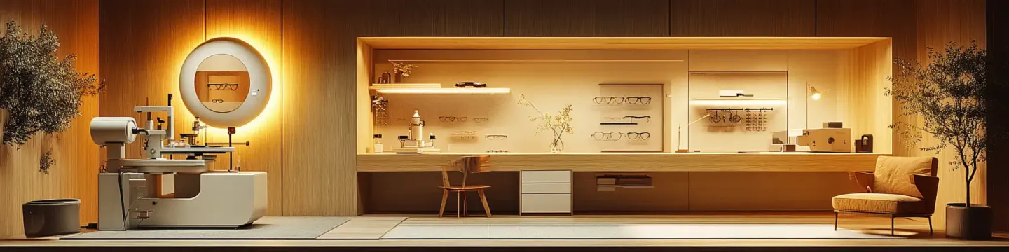 Intérieur moderne d'un magasin d'optique avec un espace de consultation, des lunettes exposées sur des étagères élégantes et un mobilier minimaliste. L'éclairage chaleureux met en valeur l'ambiance accueillante et professionnelle.