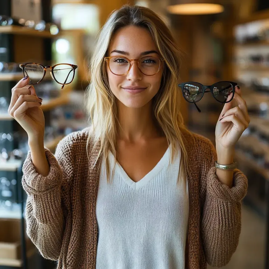 Une jeune femme souriante tient deux paires de lunettes dans un magasin d'optique. Elle porte une paire de lunettes de vue dans un style classique et tient une autre paire de lunettes de soleil, tout en étant entourée de présentoirs de lunettes en arrière-plan.