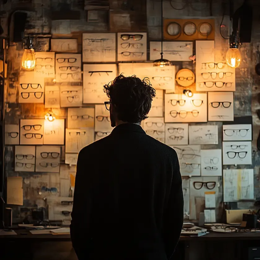 Silhouette d’un designer de lunettes observant un mur couvert de croquis de montures dans un atelier à l’ambiance chaleureuse.