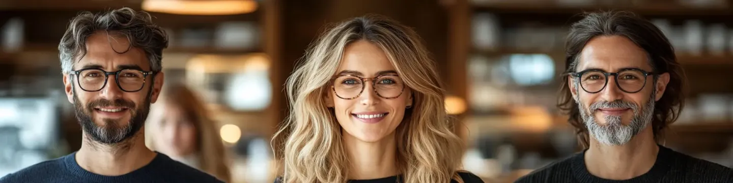 Trois opticiens souriants portant des lunettes design, debout côte à côte dans un espace chaleureux.