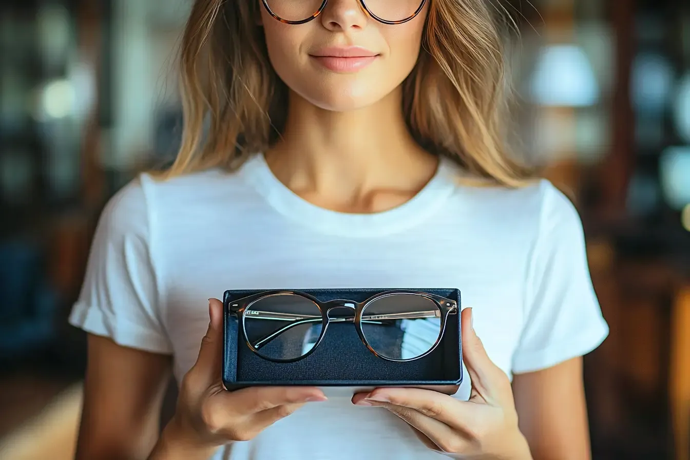 Une femme souriante tient une paire de lunettes dans une boîte de rangement, avec des lunettes de forme ronde et des montures fines en métal. Elle porte un t-shirt blanc, et l'arrière-plan est flou, suggérant un environnement intérieur chaleureux.