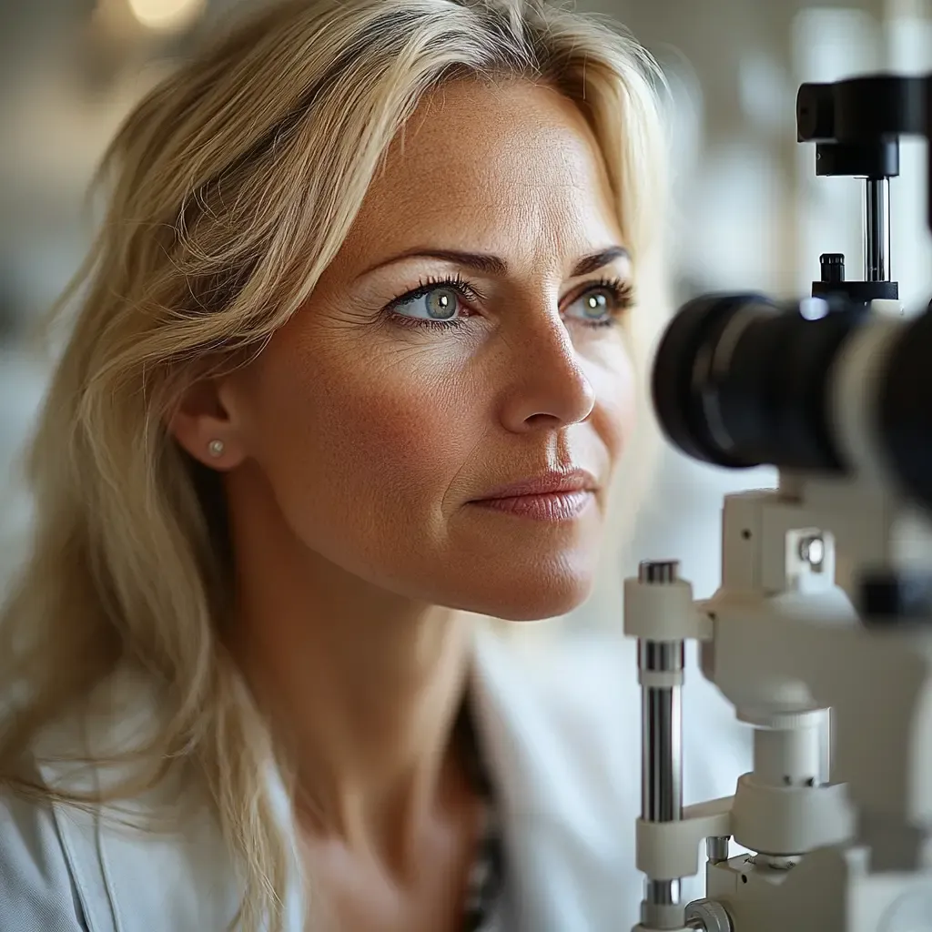 Une femme, concentrée, réalise un examen des yeux à l'aide d'un appareil optique moderne. Elle porte une blouse blanche, et l'éclairage doux met en valeur ses traits faciaux et l'appareil devant elle.