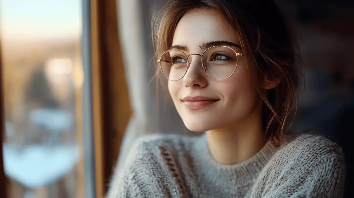 Jeune femme souriante en lunettes rondes regardant par la fenêtre, illustrant le bien-être visuel et l’élégance naturelle selon Regards Uniques.