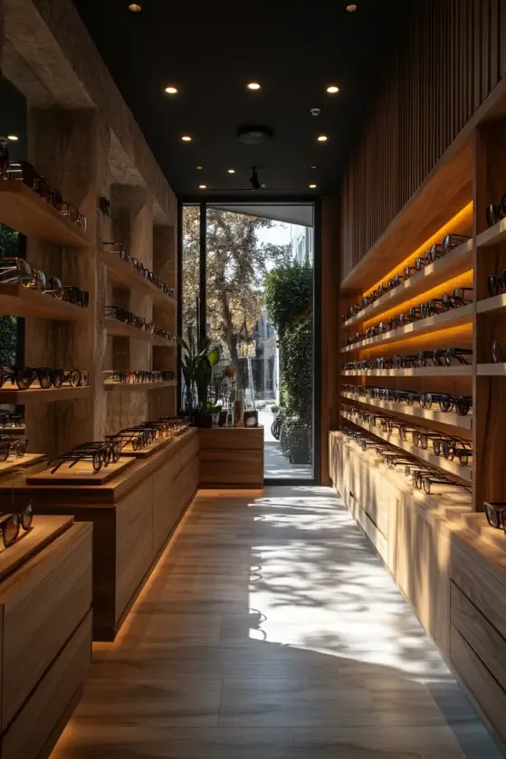 Intérieur d’une boutique Regards Uniques au design élégant, mettant en valeur des montures optiques dans un espace lumineux et chaleureux