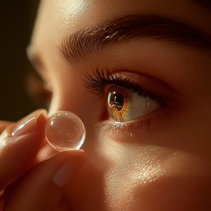 Un gros plan sur un œil humain, avec une personne tenant délicatement une lentille de contact juste avant de la poser. L'éclairage doux met en valeur les détails de l'œil et de la lentille transparente.