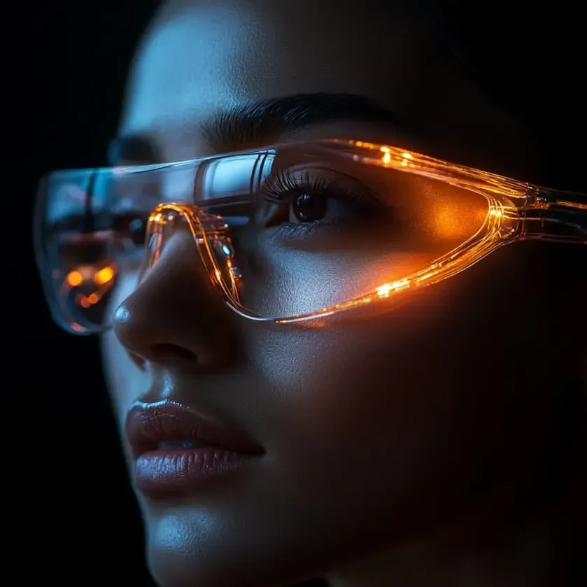 Premier plan d'une femme portant des lunettes lumineuses et futuristes, avec des détails brillants sur la monture