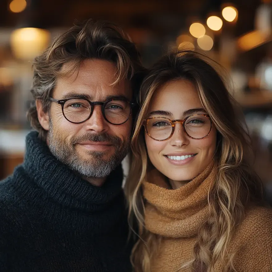 Un couple souriant portant des lunettes élégantes, avec des pulls à col roulé confortables. L'homme porte des lunettes rondes, et la femme porte des lunettes de forme plus ovale, créant un contraste élégant.