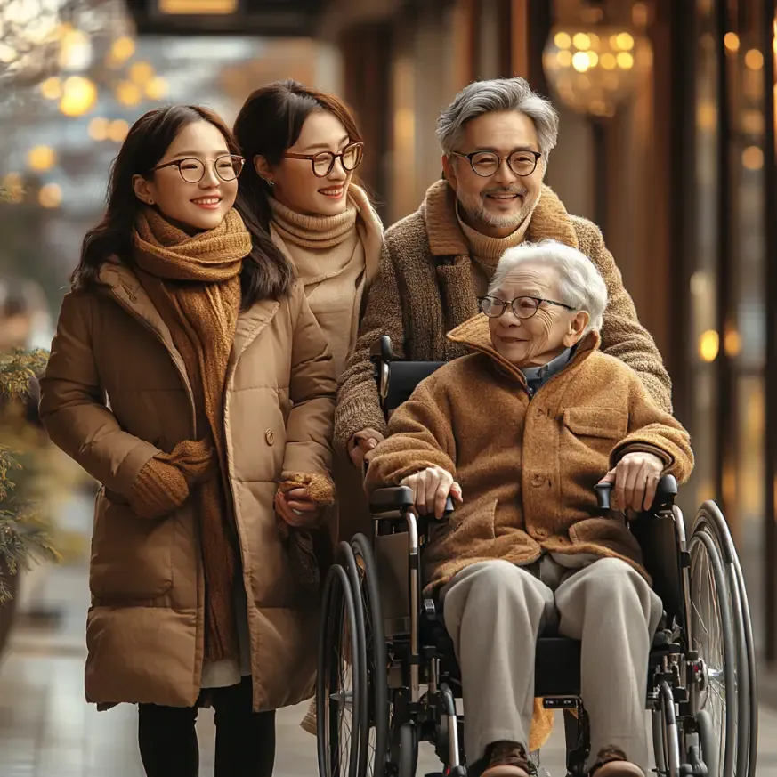 Une famille souriante portant des lunettes élégantes, marchant ensemble dans un environnement lumineux. La famille comprend un couple âgé, la femme en fauteuil roulant, accompagnée de deux jeunes adultes, tous vêtus de manteaux et écharpes chauds dans des tons de beige.