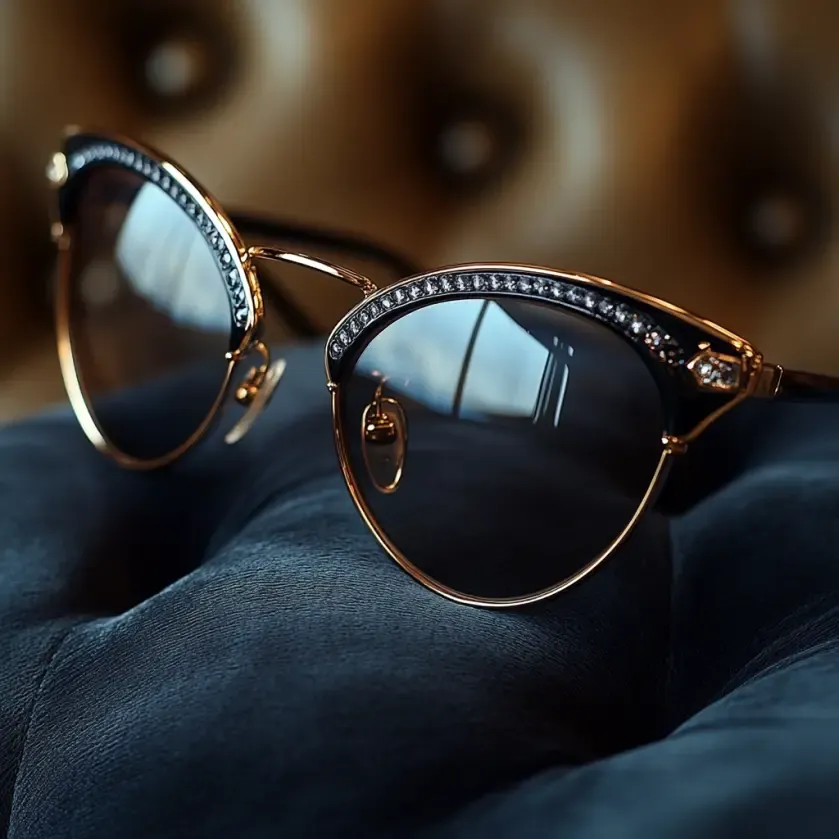 Des lunettes de soleil élégantes avec des détails dorés et des cristaux incrustés sur le dessus des montures, posées sur un tissu bleu sombre, mettant en valeur leur design luxueux