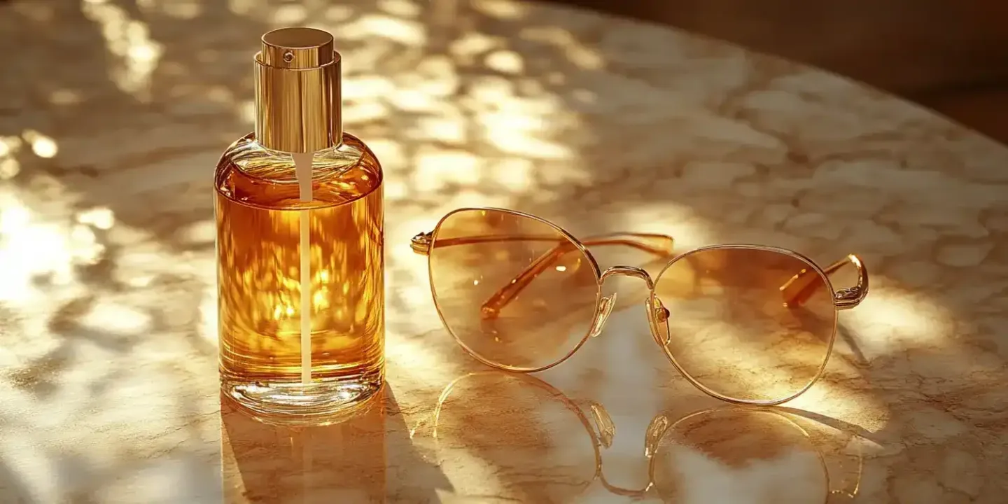 Spray nettoyant pour lunettes moderne et haut de gamme à côté d'une paire de lunettes de designer élégantes, posés sur une surface beige texturée avec des accents dorés. Lumière chaude et luxueuse, composition minimaliste et raffinée.