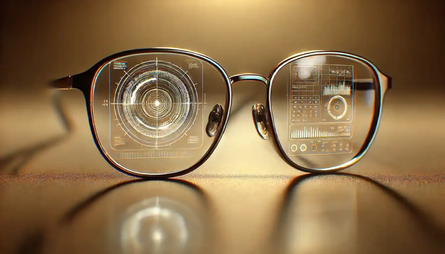 Lunettes connectées futuristes avec interface de réalité augmentée projetée sur les verres, technologie intelligente et innovation optique