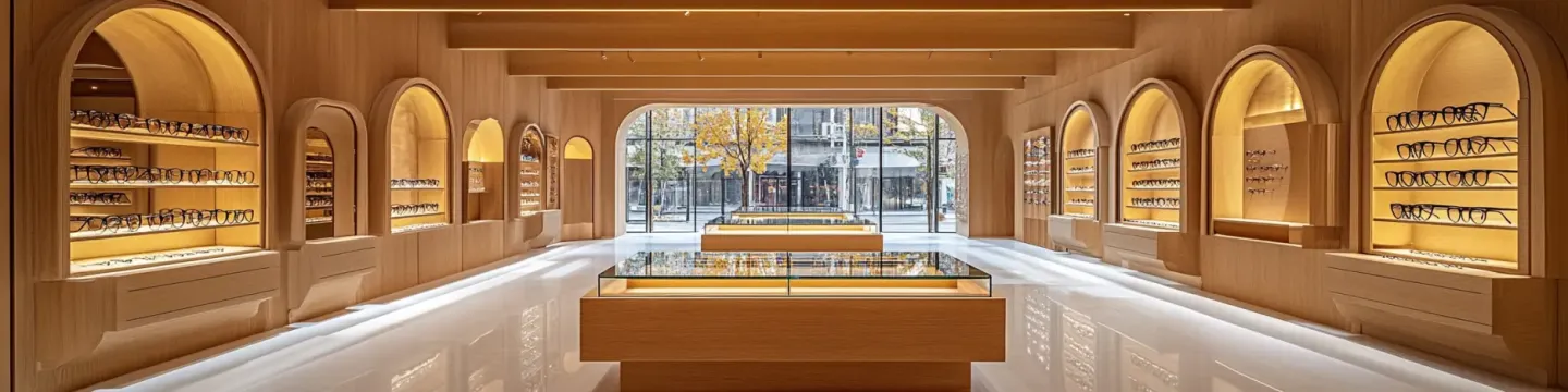 Vue intérieure d'un magasin d'optique moderne avec des étagères élégantes encadrées par des arches. Un grand présentoir central met en valeur des lunettes, tandis que la lumière naturelle illumine l'espace à travers de grandes fenêtres.