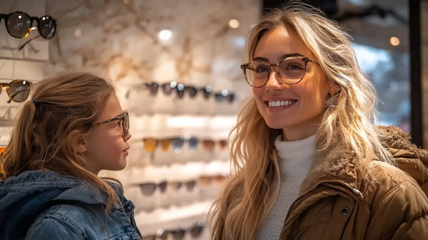 Femme et enfant souriants dans une boutique de lunettes, choisissant des montures
