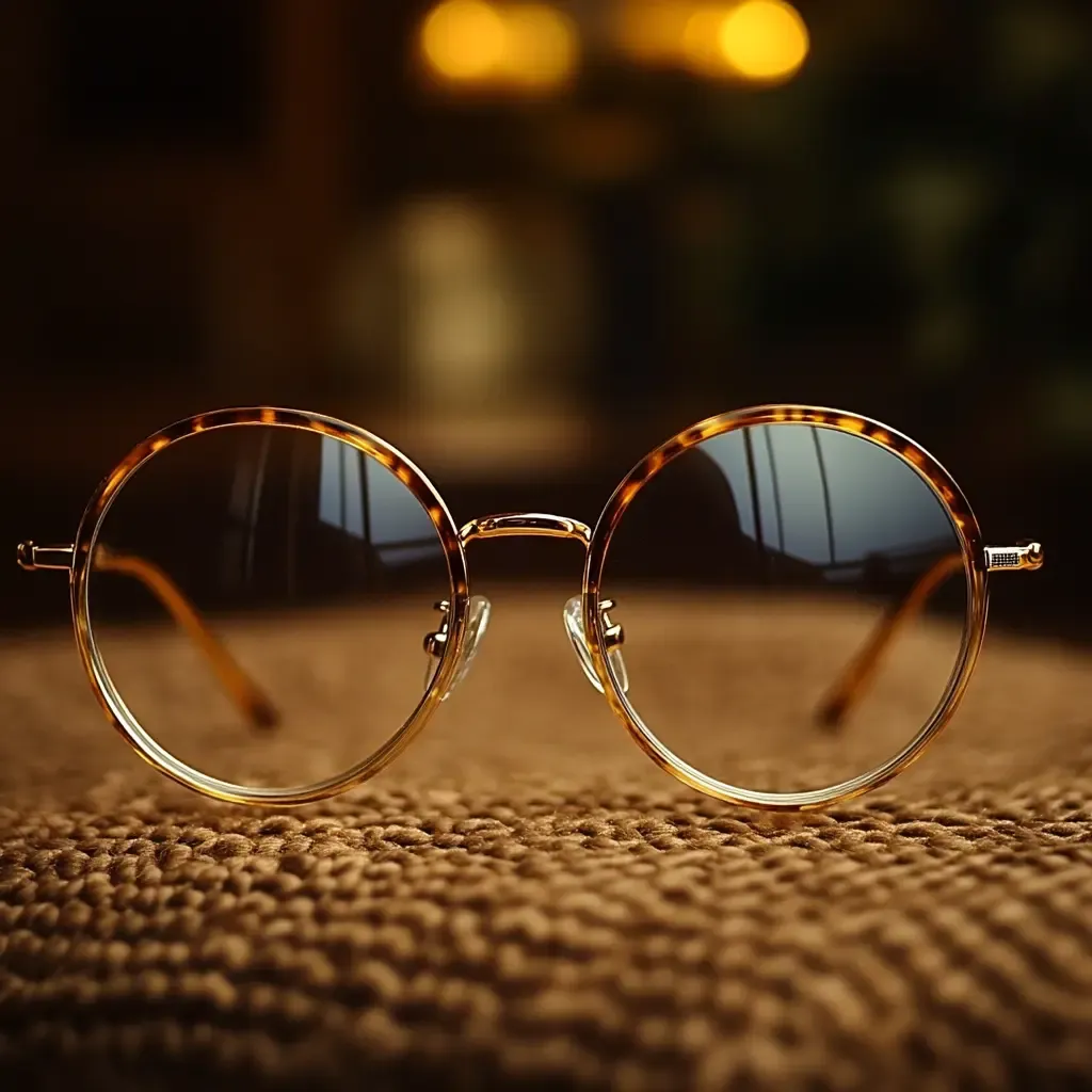 Lunettes rondes au design écaille élégant posées sur une surface texturée, illustrant le raffinement et la qualité artisanale des montures Regards Uniques.