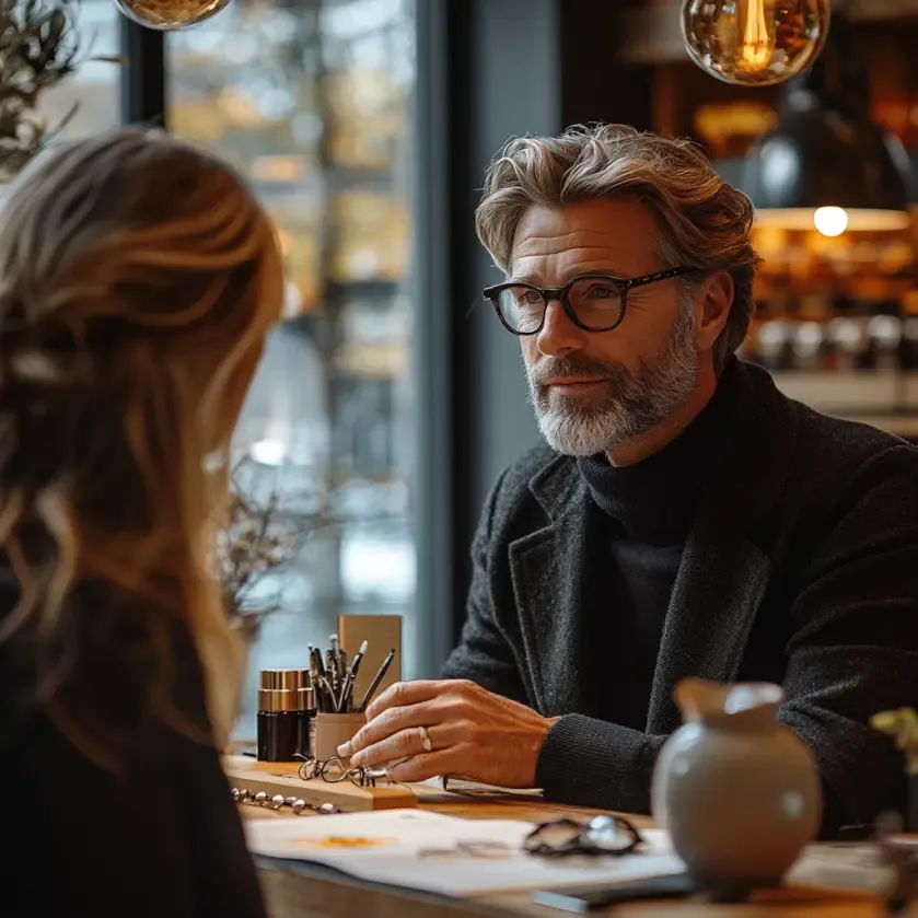 Opticien échangeant avec une cliente dans un cadre chaleureux, illustrant l’accompagnement personnalisé et humain proposé par Regards Uniques