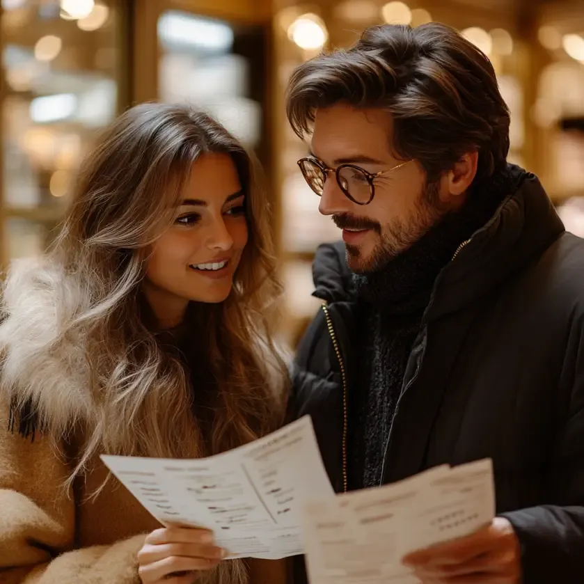 Un couple souriant dans un magasin, portant des lunettes élégantes, en train de regarder des devis. Ils sont vêtus de manteaux d'hiver et semblent apprécier un moment ensemble.