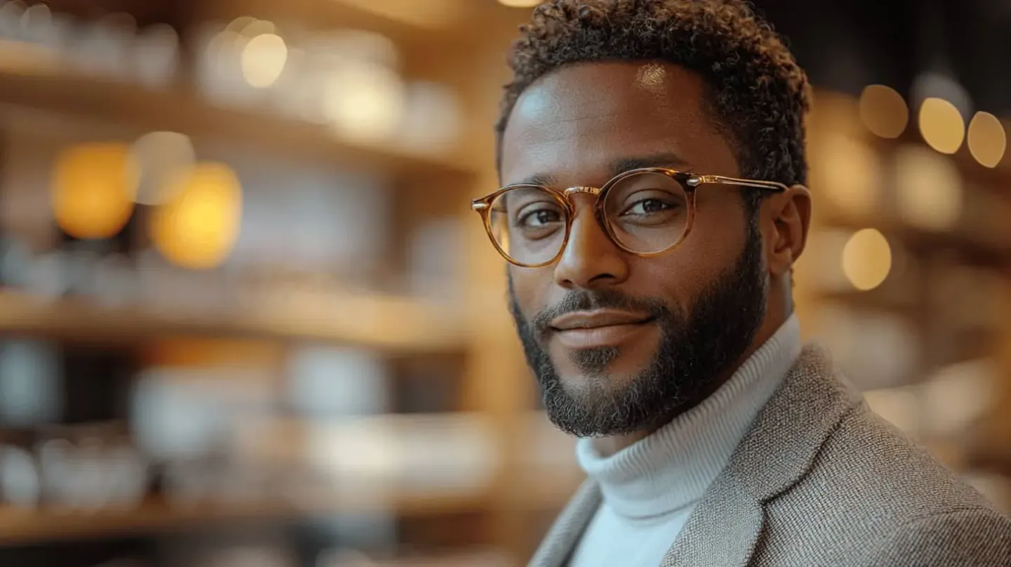 Plan rapproché d'un homme souriant portant des lunettes stylées et un pull beige dans une boutique d'optique. En arrière-plan, des étagères floues remplies de lunettes sont visibles