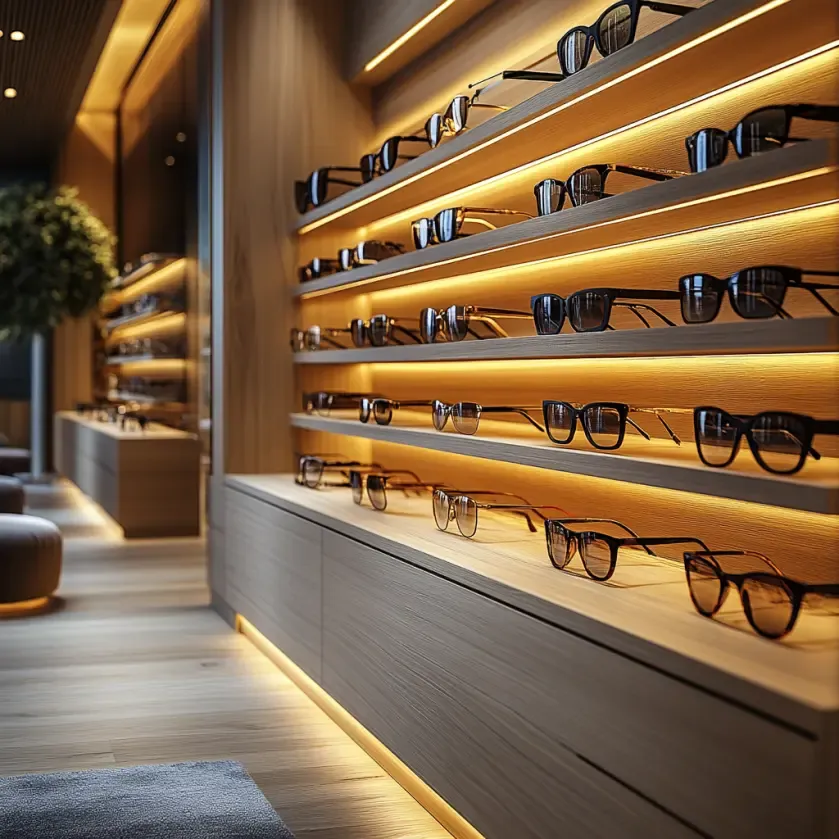 Présentoir en bois élégant avec montures design dans une boutique haut de gamme, illustrant le style, le confort et la durabilité proposés par Regards Uniques