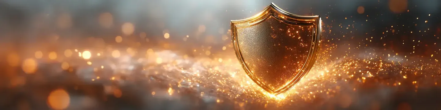 Un bouclier doré brillant entouré de particules étincelantes, créant un effet lumineux et protecteur dans un environnement flou. L'éclairage doux met en valeur la forme et la texture du bouclier.