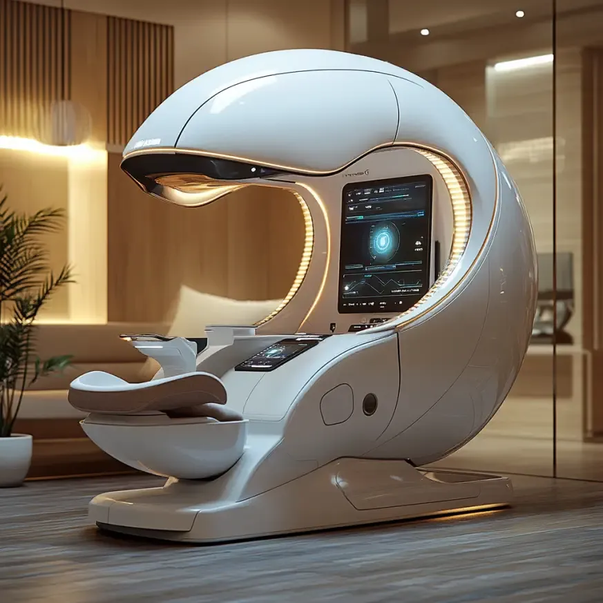 Appareil moderne d'examen optique, ressemblant à une capsule futuriste, avec des écrans et des lumières intégrés. Il est situé dans un environnement élégant et bien éclairé, offrant un espace confortable pour les tests visuels.