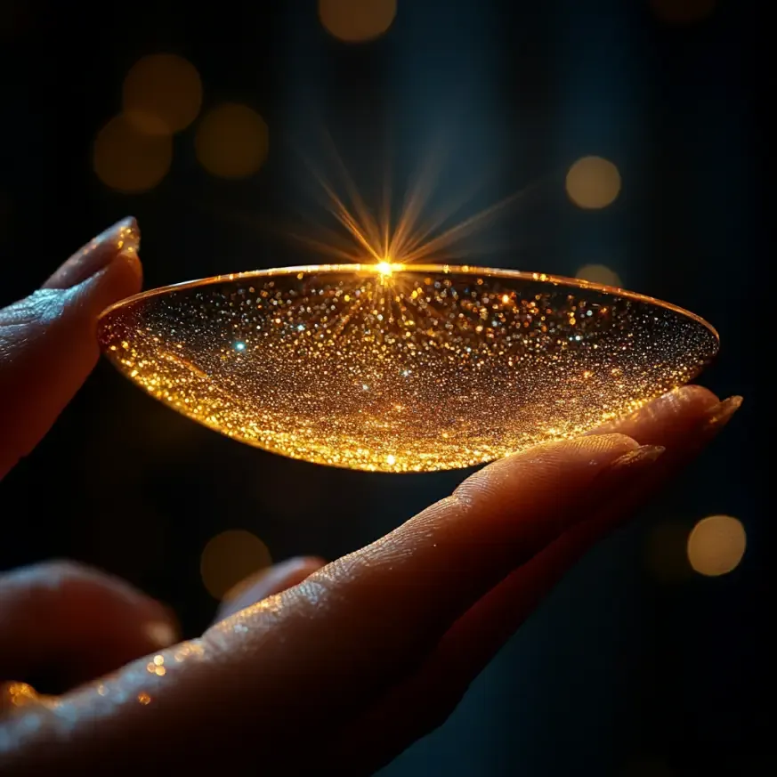Un gros plan d'une lentille scintillante, tenue délicatement par une main. La lentille brille avec des éclats dorés, créant un effet lumineux et magique dans un environnement flou et sombre.
