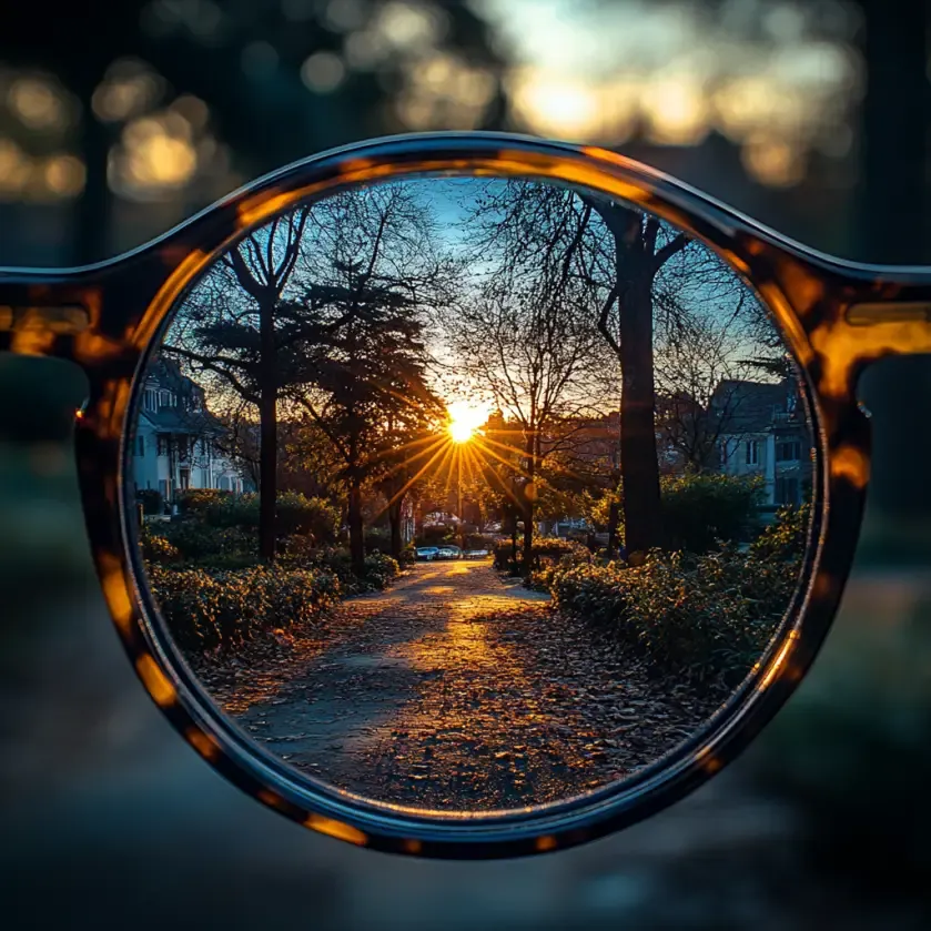 Vue artistique d'un chemin au coucher de soleil, nette à travers des lunettes, floue en dehors.