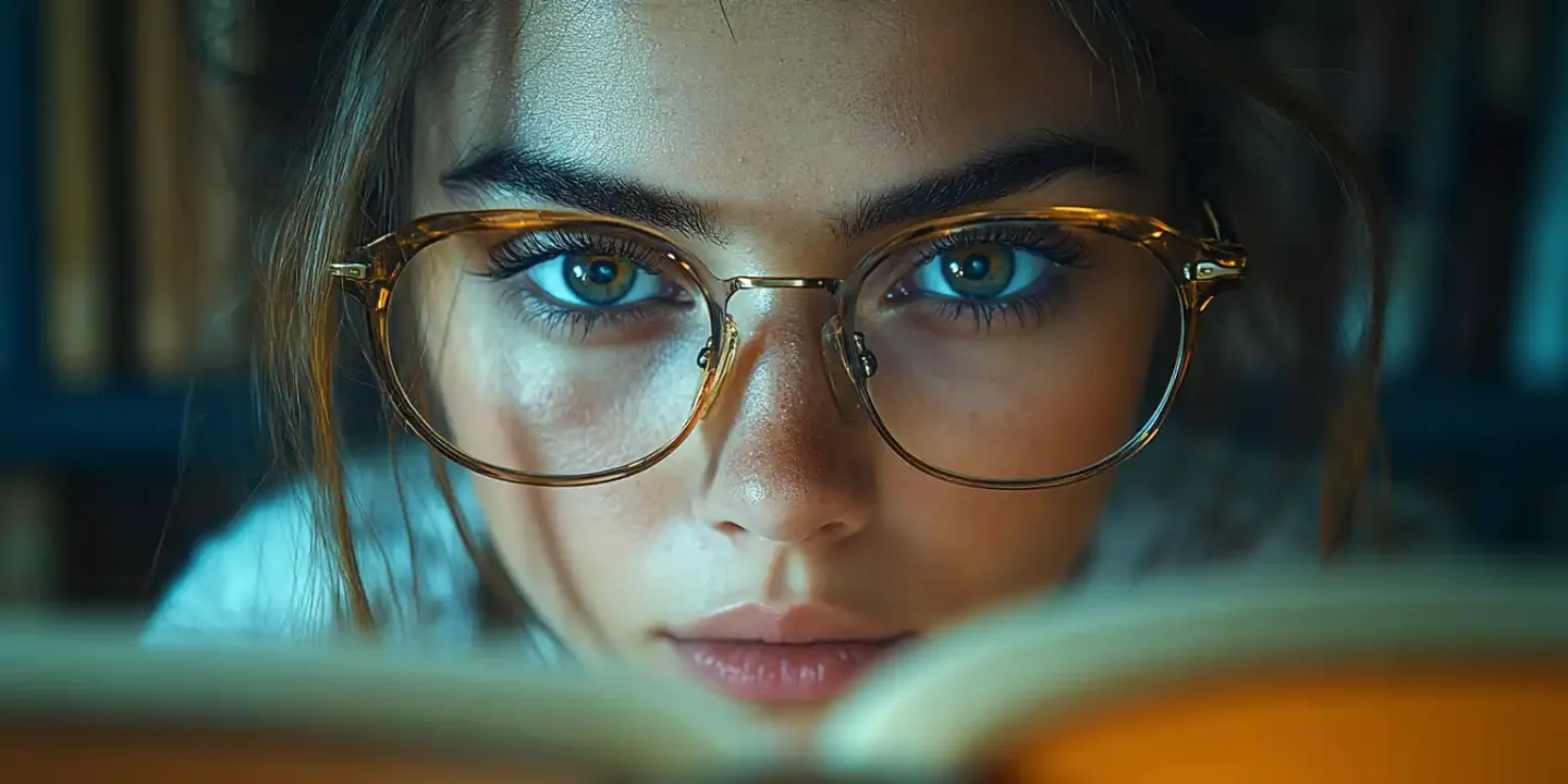 Jeune femme concentrée qui plisse légèrement les yeux en lisant un livre, portant des lunettes — illustration des troubles visuels comme l’hypermétropie et l’astigmatisme.