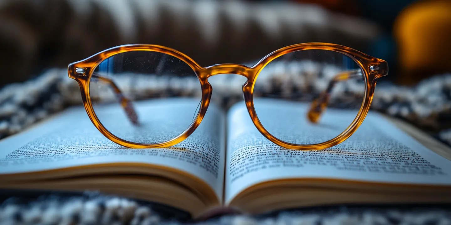 Paire de lunettes posée sur un livre ouvert, avec mise au point nette sur le texte vu à travers les verres — représentation visuelle de la myopie et de la presbytie.